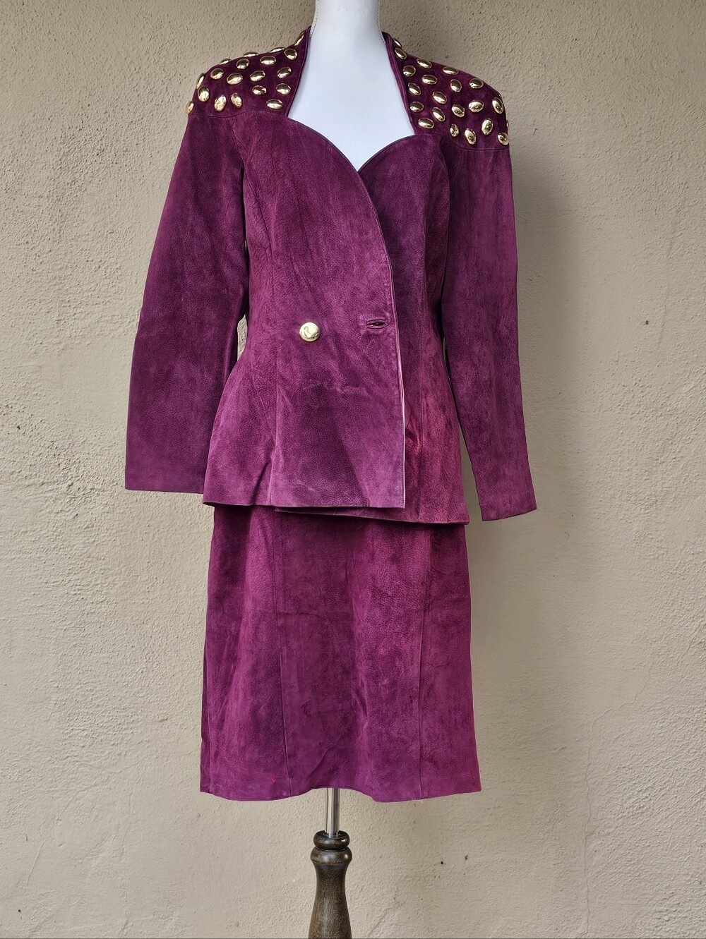 Vintage 80's Suede Pia Rucci Maroon Queen Anne Sweetheart Neckline Variant SZ 16